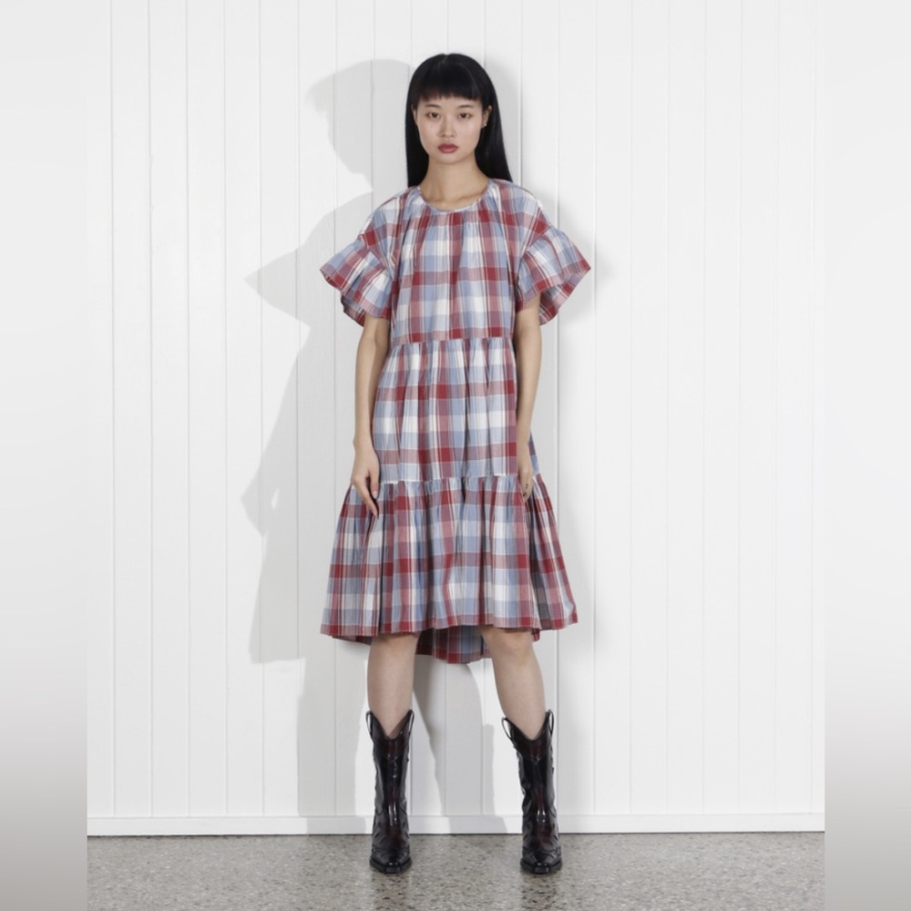 Ulla Johnson Rosemarie Tiered Short Sleeve Cotton Dress Red Blue Plaid